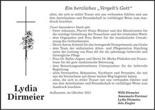 Traueranzeige Lydia Dirmeier