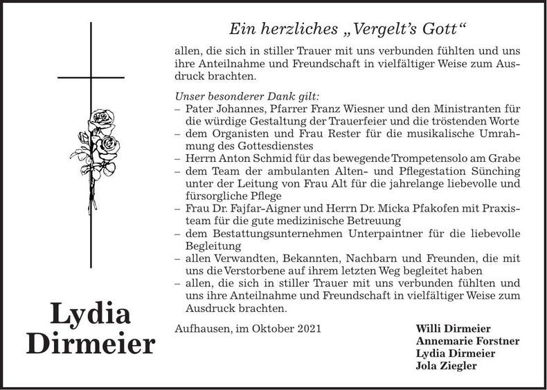 Traueranzeige Lydia Dirmeier