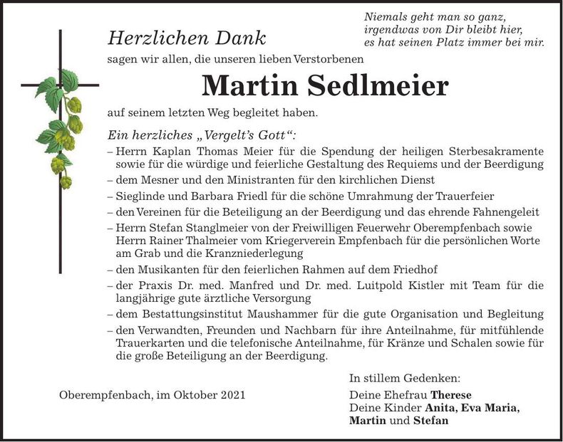 Traueranzeige Martin Sedlmeier