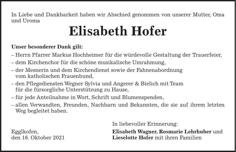 Traueranzeige Elisabeth Hofer