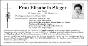 Traueranzeige Elisabeth Steger