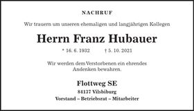 Traueranzeige Franz Hubauer