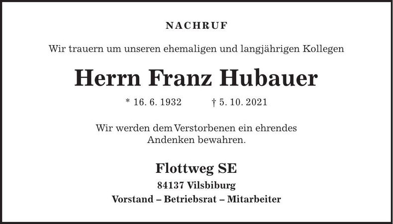 Traueranzeige Franz Hubauer