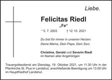 Traueranzeige Felicitas Riedl