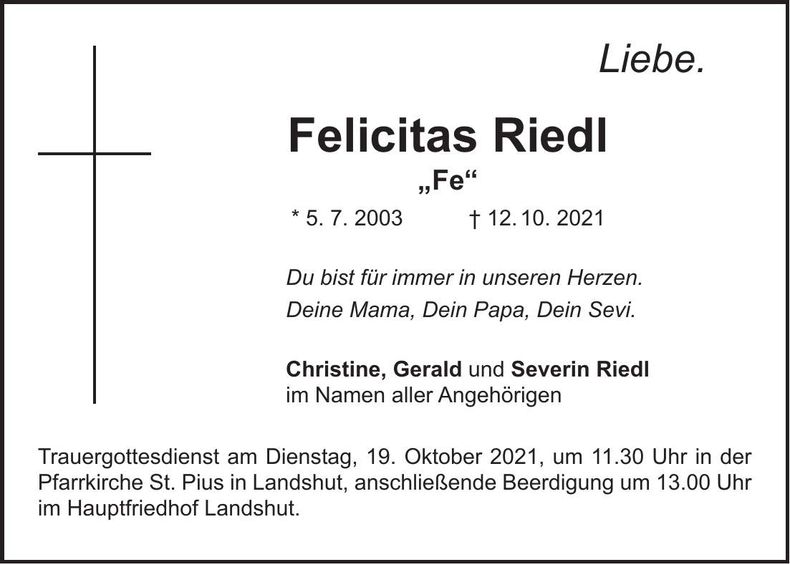 Traueranzeige Felicitas Riedl