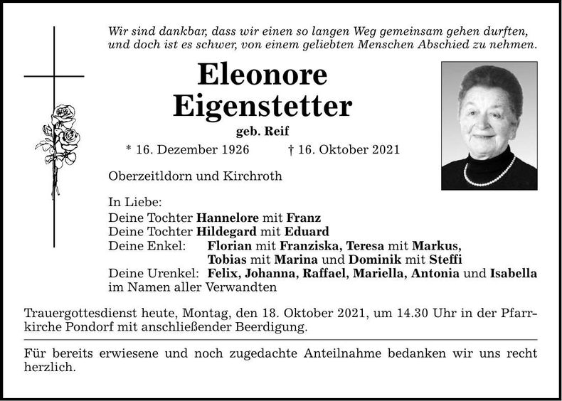 Traueranzeige Eleonore Eigenstetter