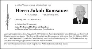 Traueranzeige Jakob Ramsauer
