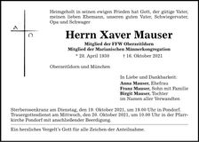 Traueranzeige Xaver Mauser