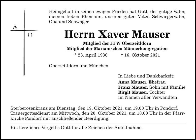 Traueranzeige Xaver Mauser