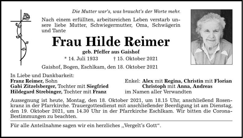 Traueranzeige Hilde Reimer