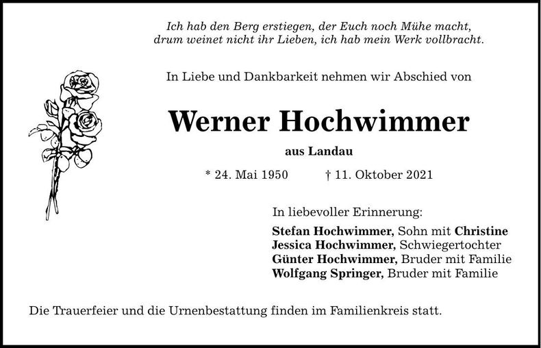 Traueranzeige Werner Hochwimmer