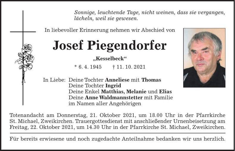 Traueranzeige Josef Piegendorfer