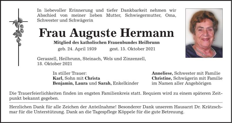 Traueranzeige Auguste Hermann