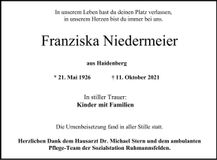 Traueranzeige Franziska Niedermeier