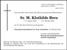 Traueranzeige Sr. M. Klothilde Breu