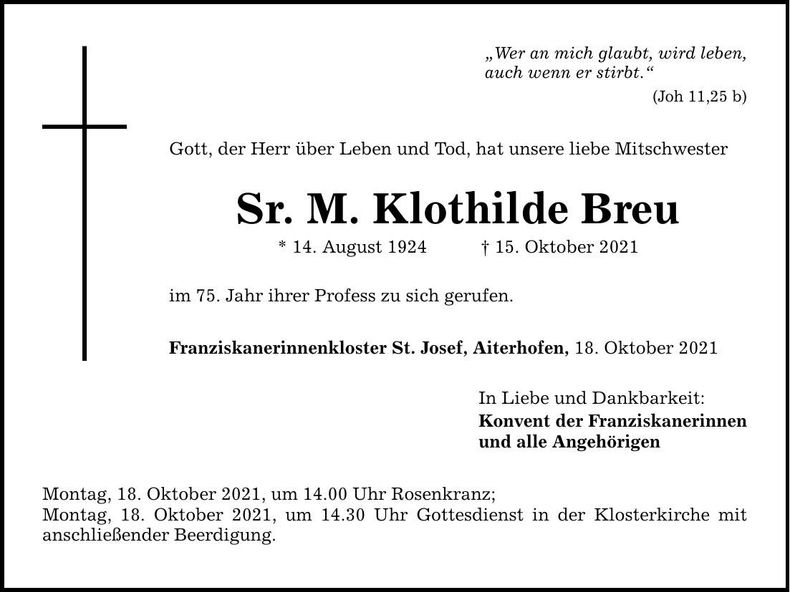 Traueranzeige Sr. M. Klothilde Breu