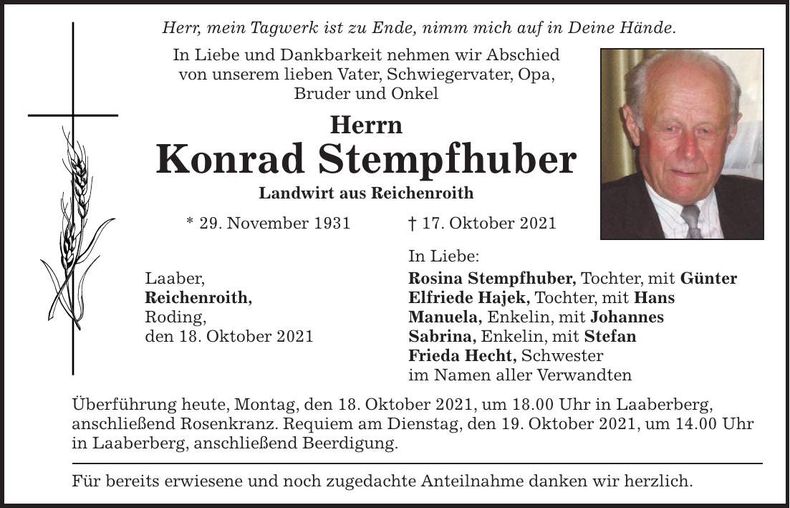 Traueranzeige Konrad Stempfhuber