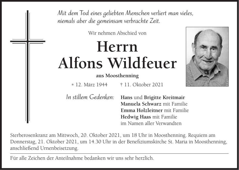 Traueranzeige Alfons Wildfeuer