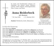 Traueranzeige Anna Beiderbeck