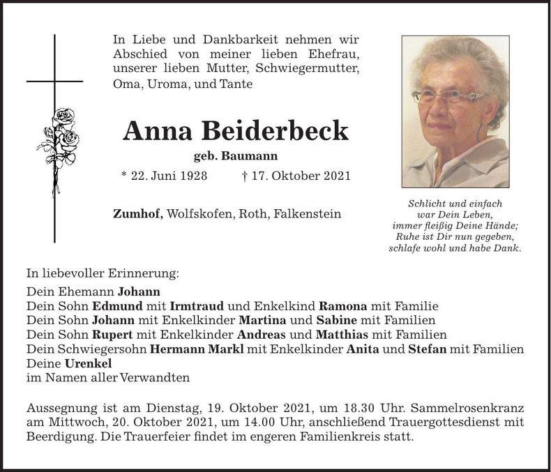 Traueranzeige Anna Beiderbeck