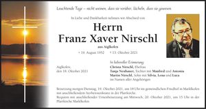 Traueranzeige Franz Xaver Nirschl