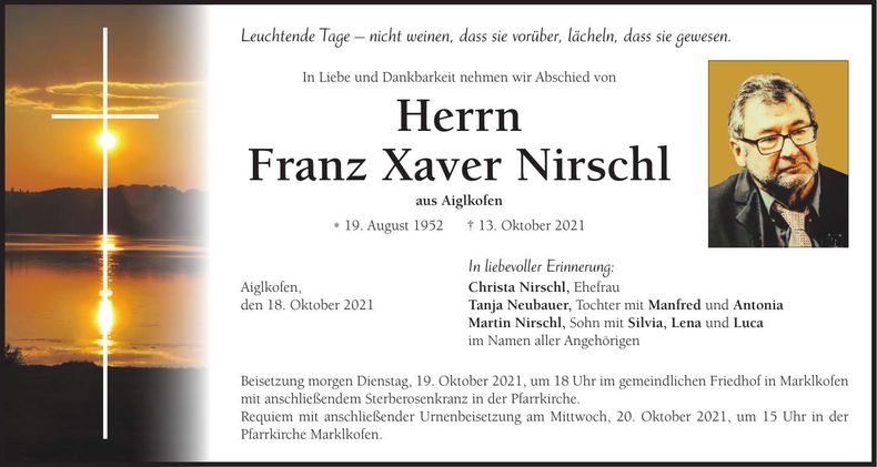 Traueranzeige Franz Xaver Nirschl