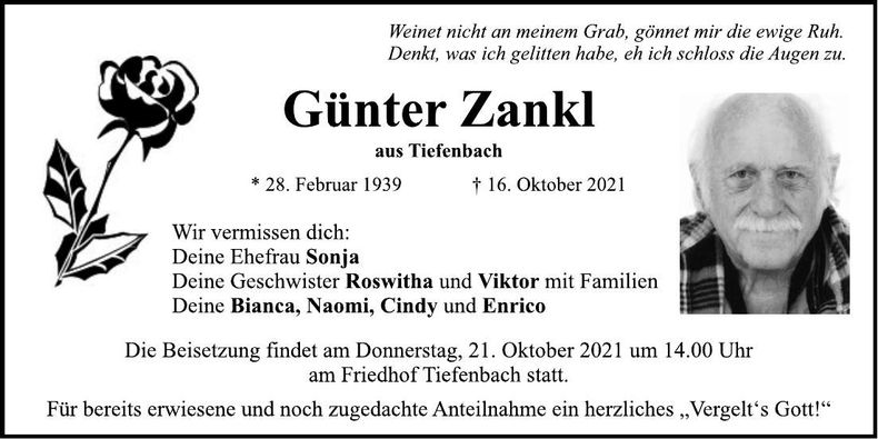 Traueranzeige Günter Zankl