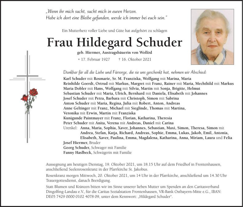 Traueranzeige Hildegard Schuder