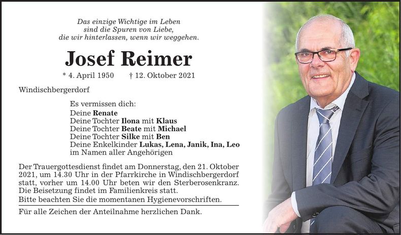 Traueranzeige Josef Reimer