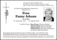 Traueranzeige Fanny Johann