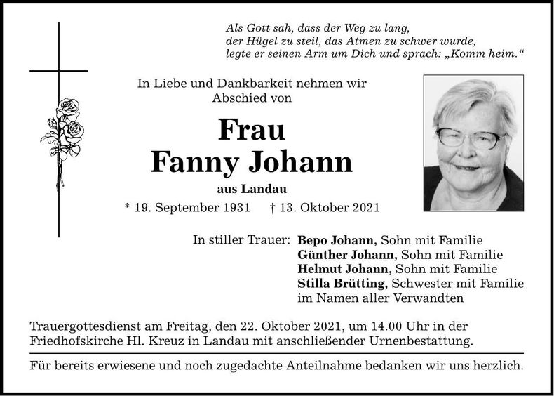 Traueranzeige Fanny Johann