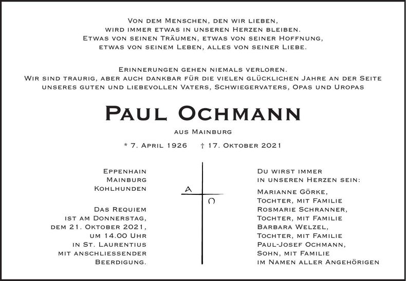 Traueranzeige Paul Ochmann