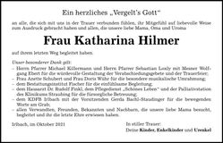 Traueranzeige Katharina Hilmer Hilmer