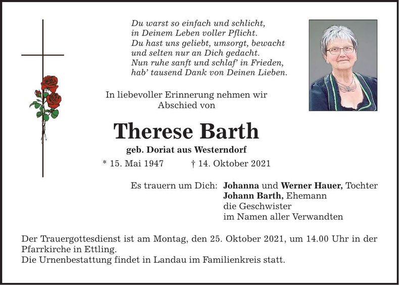 Traueranzeige Therese Barth