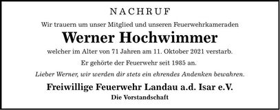 Traueranzeige Werner Hochwimmer