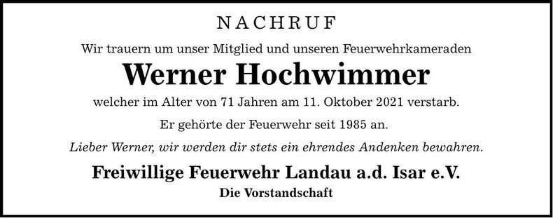 Traueranzeige Werner Hochwimmer