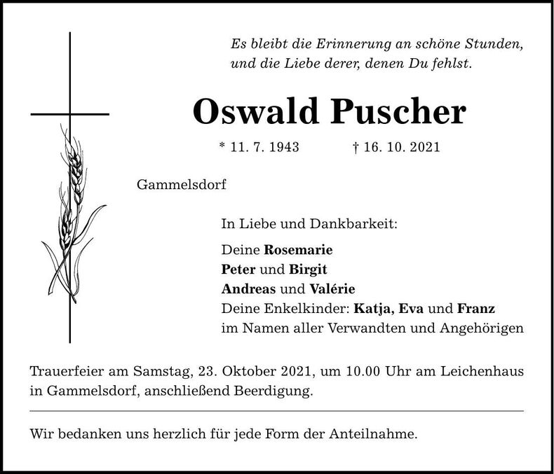 Traueranzeige Oswald Puscher