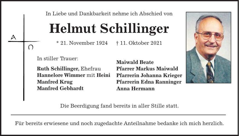 Traueranzeige Helmut Schillinger