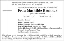 Traueranzeige Mathilde Brunner