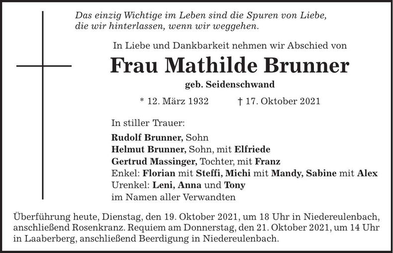 Traueranzeige Mathilde Brunner