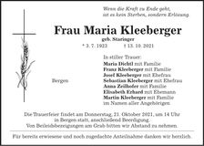 Traueranzeige Maria Kleeberger