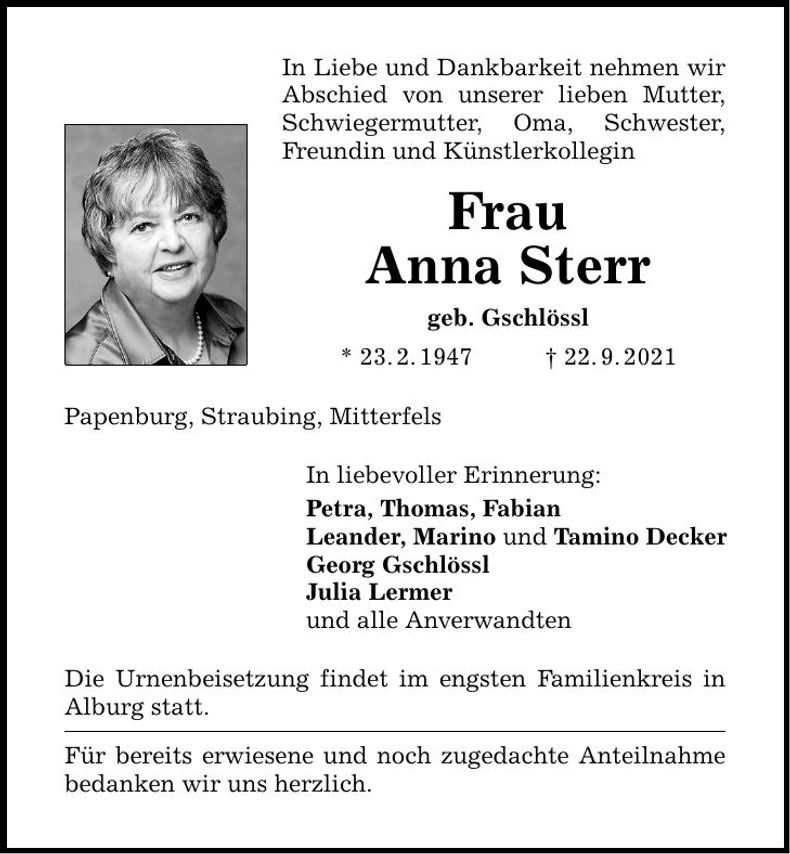 Traueranzeige Anna Sterr