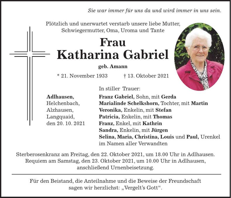 Traueranzeige Katharina Gabriel