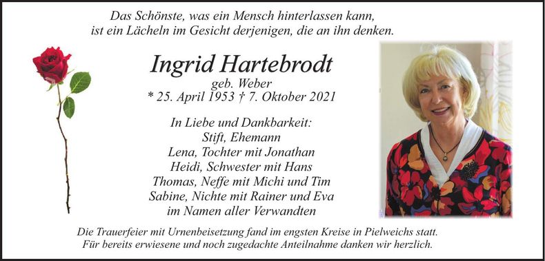 Traueranzeige Ingrid Hartebrodt