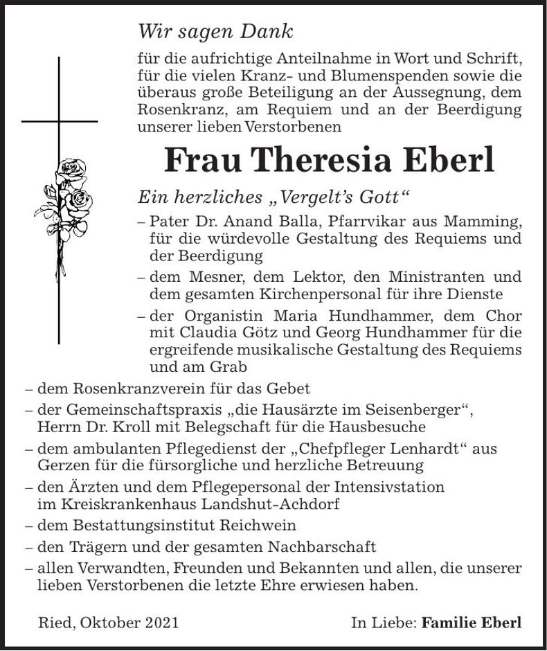 Traueranzeige Theresia Eberl