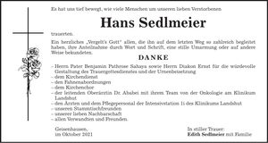 Traueranzeige Hans Sedlmeier