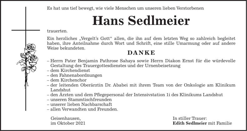 Traueranzeige Hans Sedlmeier