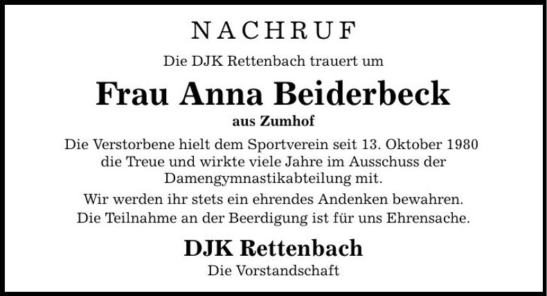 Traueranzeige Anna Beiderbeck