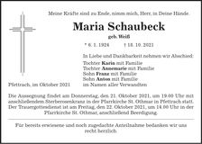 Traueranzeige Maria Schaubeck