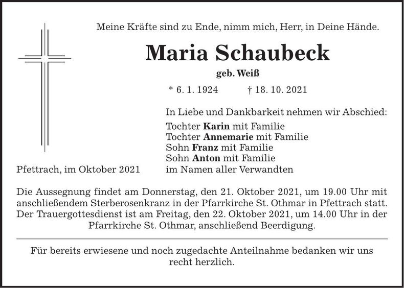 Traueranzeige Maria Schaubeck